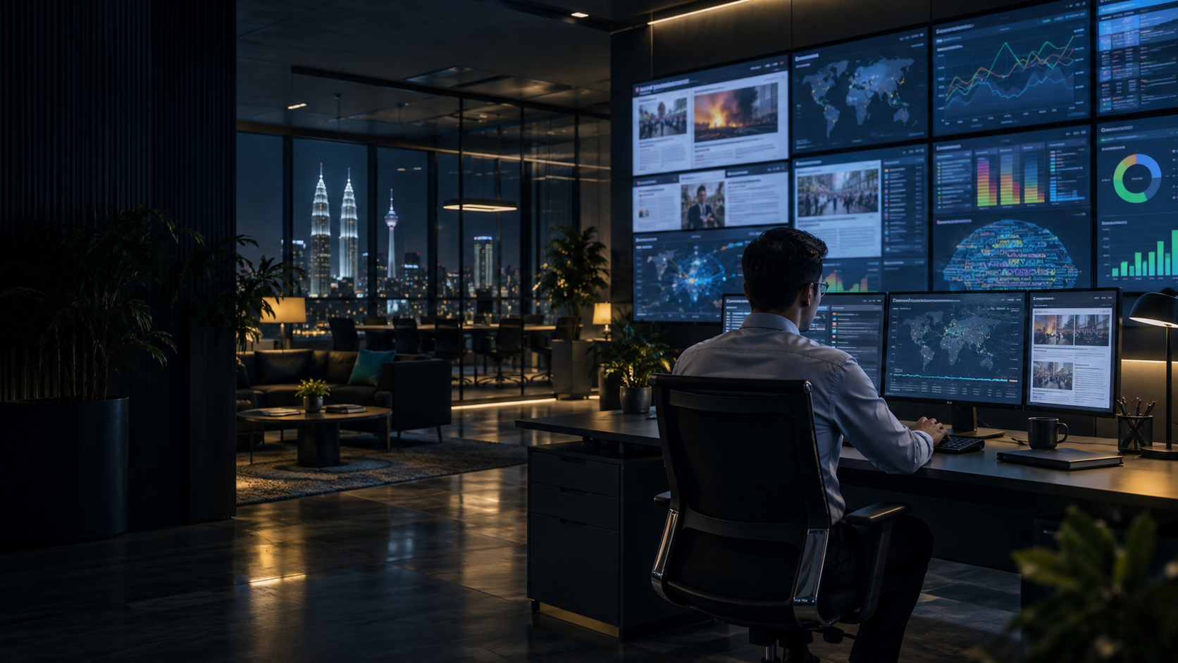 Concept illustration of a media-monitoring operations room