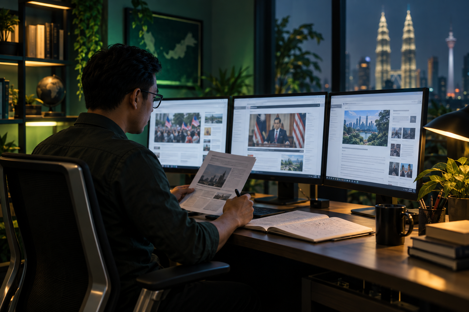 Media analyst reviewing news and briefing materials